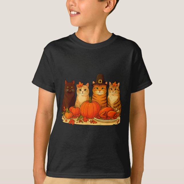 Thanksgiving Cats Dinner Pumpkin Autumn Men Women  T-Shirt (Front)