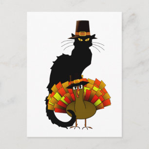 Thanksgiving Chat Noir with Turkey Holiday Postcard