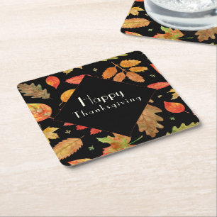 Thanksgiving Colorful Fall Leaves Black Background Square Paper Coaster