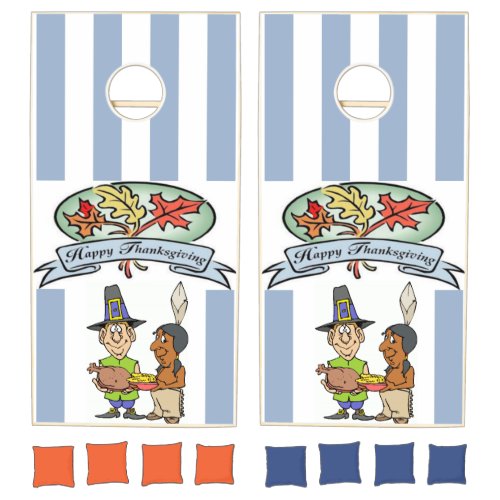 Thanksgiving Cornhole Set Blue & White Stripe