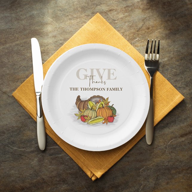 Thanksgiving Cornucopia Elegant Give Thanks Autumn Paper Plates (Give thanks Thanksgiving harvest cornucopia custom paper plate. )