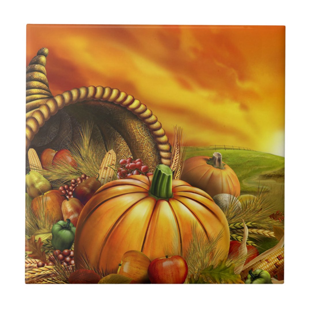 Thanksgiving cornucopia pumpkin field ceramic tile | Zazzle