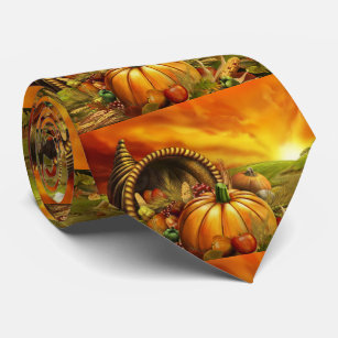 Thanksgiving cornucopia pumpkin field neck tie