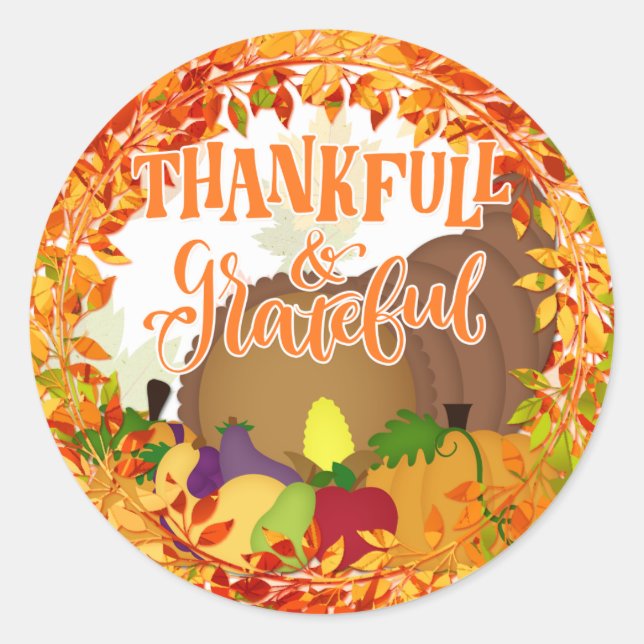 Thanksgiving Cornucopia Thankful & Grateful Classic Round Sticker (Front)