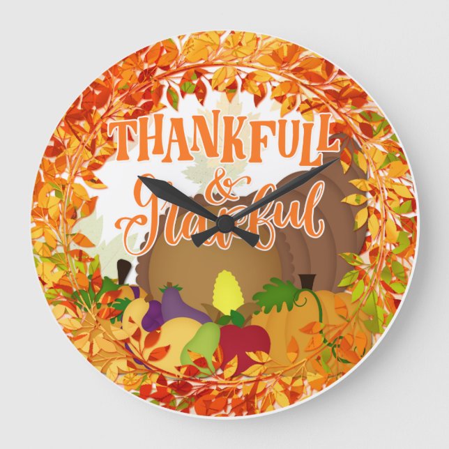 Thanksgiving Cornucopia - Thankful & Grateful Large Clock (Front)