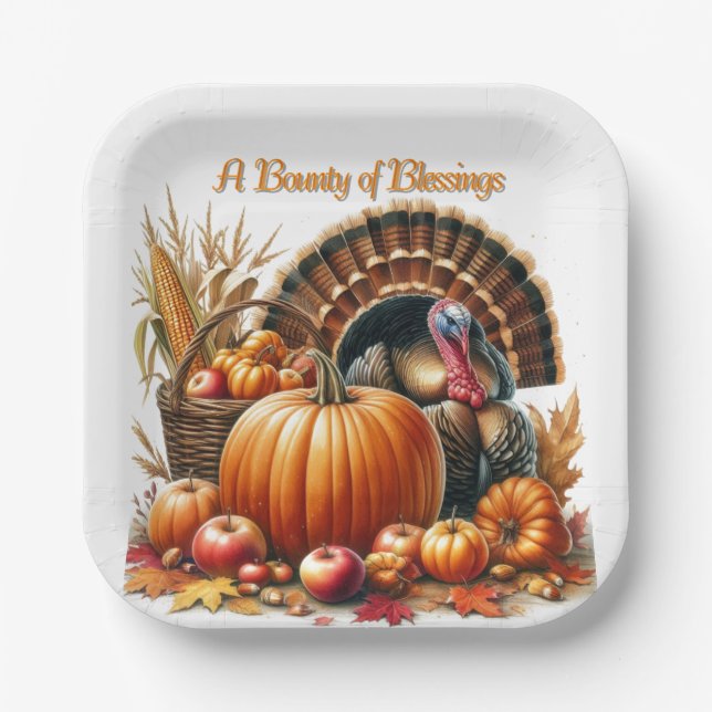 Thanksgiving Cornucopia Turkey Party  Paper Plates (Front)
