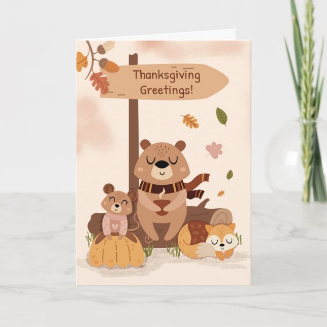 Thanksgiving Cozy Woodland Animal Scene Pumpkin Card (Front)