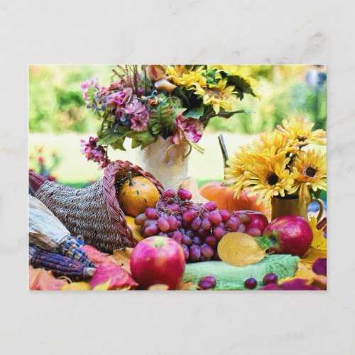 Thanksgiving Cronucopia with Fruits and Flowers Holiday Postcard