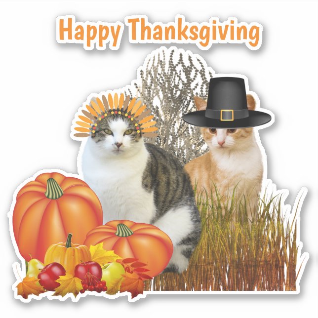 Thanksgiving Cute Pilgrim Cats Vinyl Cutout  Sticker (Front)