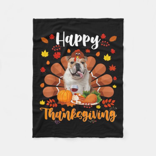 Thanksgiving Cute Turkey Bulldog Dog Autumn Lover  Fleece Blanket