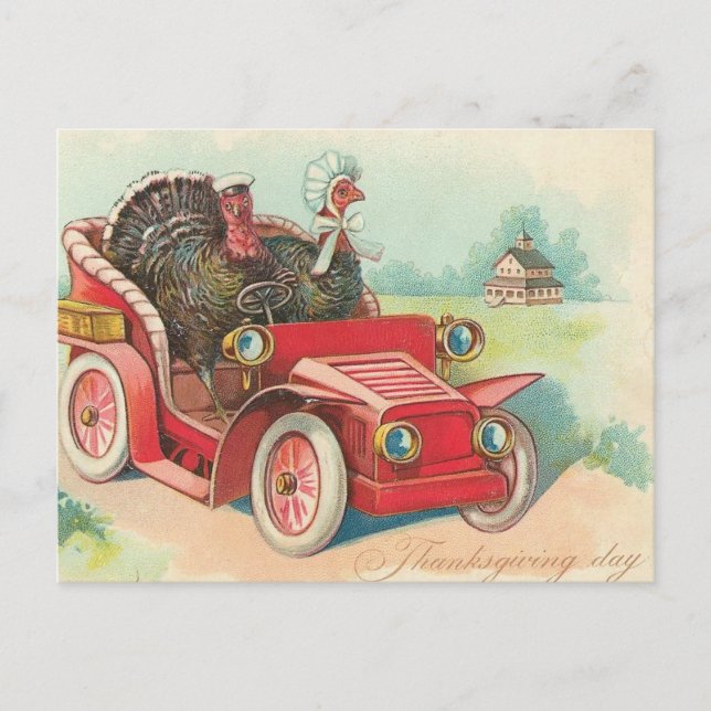 Thanksgiving Day Driving Turkeys Holiday Postcard (Front)