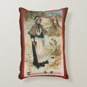 Thanksgiving Day Greetings with a Pilgrim Woman Accent Pillow