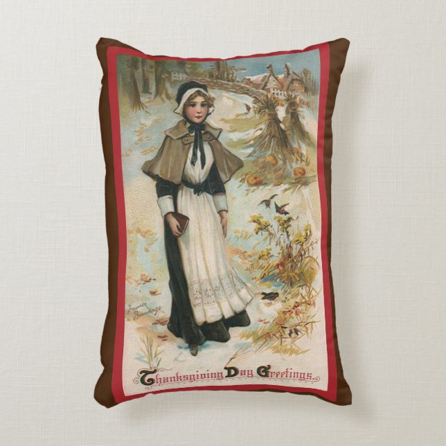 Thanksgiving Day Greetings with a Pilgrim Woman Accent Pillow (Front(Vertical))