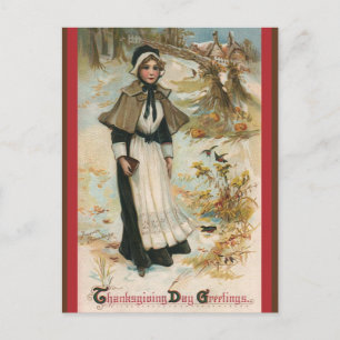 Thanksgiving Day Greetings with a Pilgrim Woman Holiday Postcard