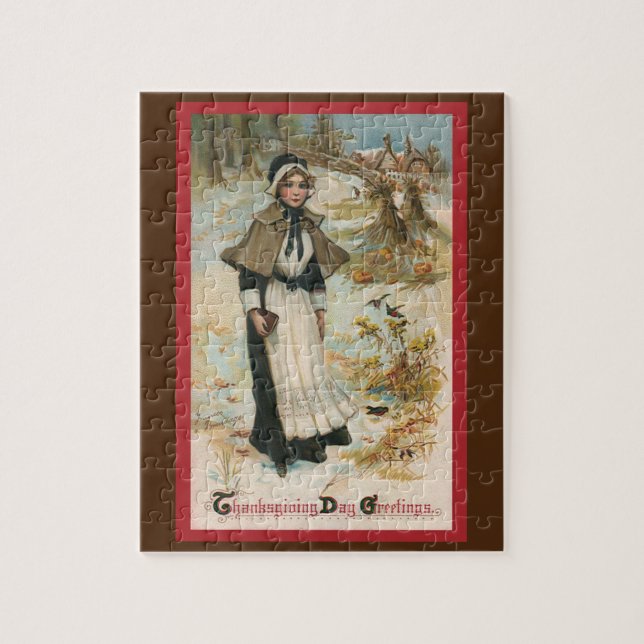 Thanksgiving Day Greetings with a Pilgrim Woman Jigsaw Puzzle (Vertical)