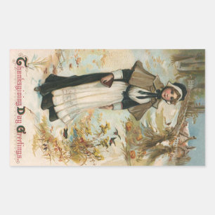 Thanksgiving Day Greetings with a Pilgrim Woman Rectangular Sticker