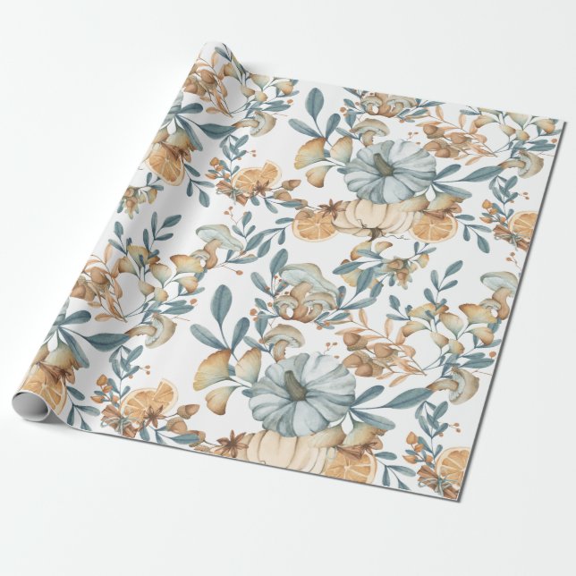 Thanksgiving Day Pumpkin and Mushrooms Autumn Wrapping Paper (Unrolled)