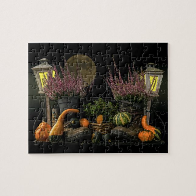 Thanksgiving Day Scene With Bench and Fall Harvest Jigsaw Puzzle (Horizontal)