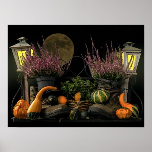 Thanksgiving Day Scene With Bench and Fall Harvest Poster