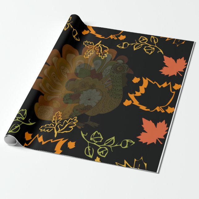 Thanksgiving Day Turkey With Autumn Leaves Fall Wrapping Paper (Unrolled)
