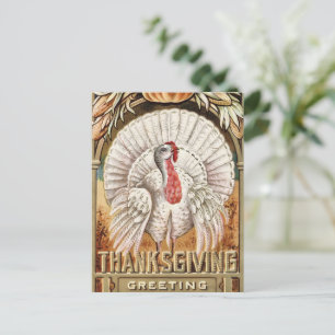 Thanksgiving Day White Turkey & Pumpkin Greetings Holiday Postcard