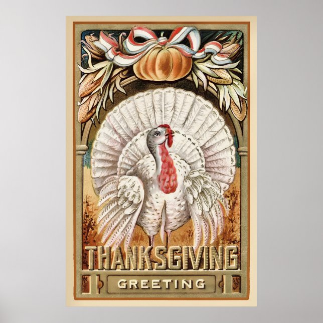 Thanksgiving Day White Turkey & Pumpkin Greetings Poster (Front)