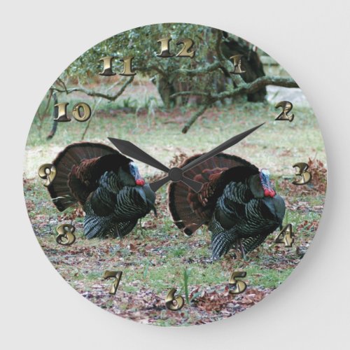 Thanksgiving Day Wild Turkeys in an Open Field Large Clock