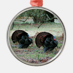 Thanksgiving Day Wild Turkeys in an Open Field Metal Ornament
