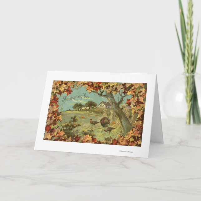 Thanksgiving DayFallen Leaves and Turkeys Holiday Card (Front)