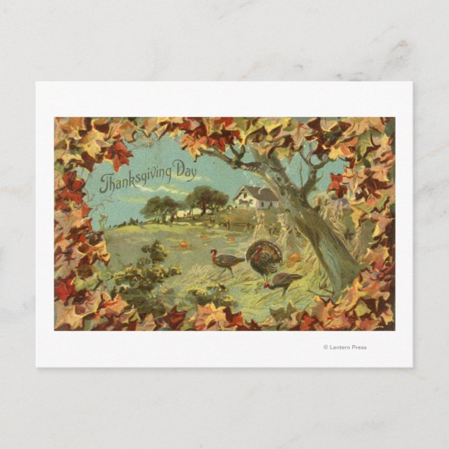 Thanksgiving DayFallen Leaves and Turkeys Holiday Postcard (Front)