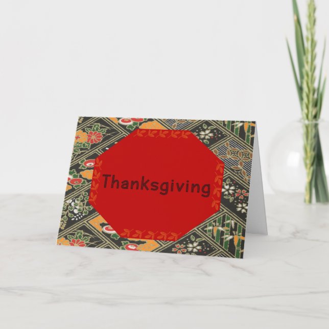 Thanksgiving Design in Red, Gold, Black & Flowers Holiday Card (Front)