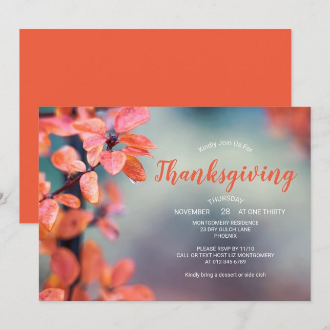 Thanksgiving Dinner Auburn Autumn Leaves Invitation (Front/Back)