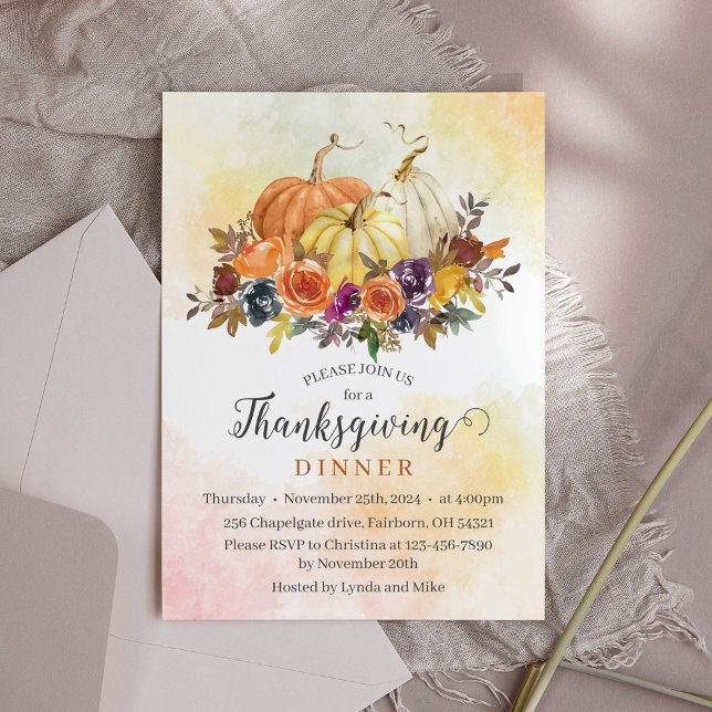 Thanksgiving Dinner, Autumn Fall Flowers Pumpkins Invitation (Creator Uploaded)
