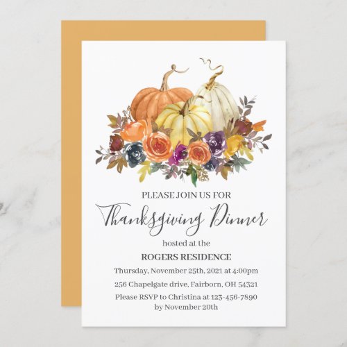 Thanksgiving Dinner Autumn Flowers Pumpkins Invitation