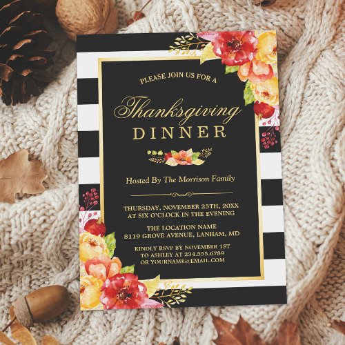 Thanksgiving Dinner Autumn Gold Red Floral Stripes Invitation