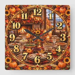 Thanksgiving Dinner Autumn Harvest Square Wall Clock