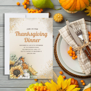 Thanksgiving Dinner Birds Sunflowers Fall Autumn Invitation