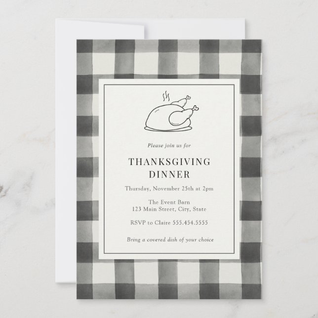 Thanksgiving Dinner Black Buffalo Plaid Invitation (Front)