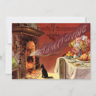 Thanksgiving Dinner Black Cat Fireplace Turkey Holiday Card
