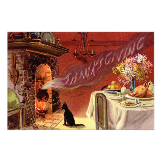 Thanksgiving Dinner Black Cat Fireplace Turkey Photo Print