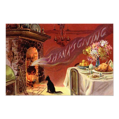 Thanksgiving Dinner Black Cat Fireplace Turkey Photo Print