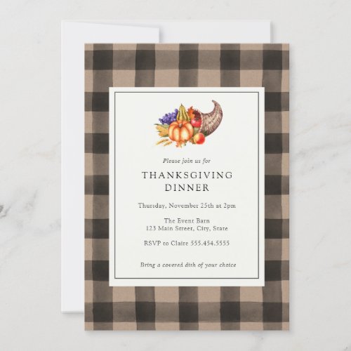 Thanksgiving Dinner Brown Buffalo Plaid Invitation