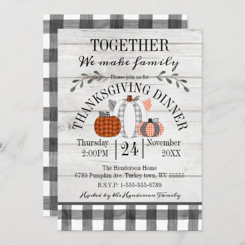 Thanksgiving Dinner Buffalo Plaid Pumpkins Invitation