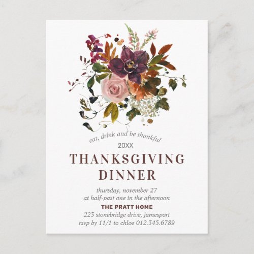 Thanksgiving Dinner Burgundy Red Floral Invitation Postcard