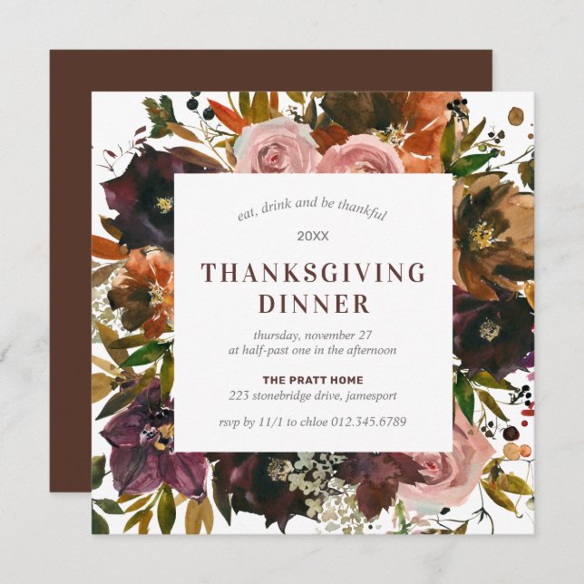 Thanksgiving Dinner Burgundy Red Floral Square Invitation (Front/Back)