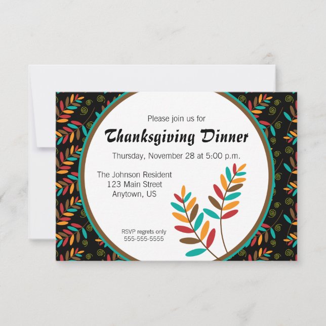 Thanksgiving Dinner Colorful Fall Leaf Pattern Invitation (Front)