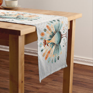 Thanksgiving Dinner Colorful Turkey Golden Stars Short Table Runner