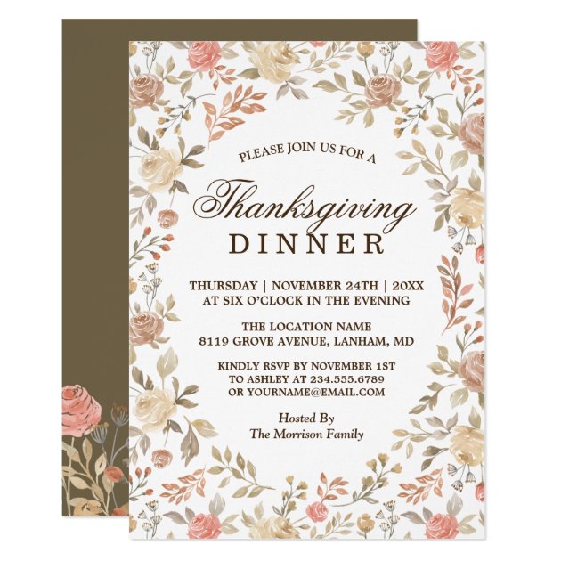 Thanksgiving Dinner - Coral Beige Floral Wreath Invitation