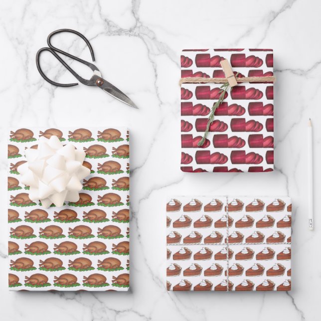 Thanksgiving Dinner Cranberry Turkey Pumpkin Pie Wrapping Paper Sheets (Front)