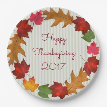 Thanksgiving Dinner Dated Leaf Border Paper Plates by fallcolors at Zazzle
